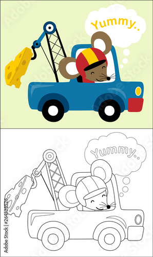 Coloring book or page with a rat cartoon on tow truck towing a huge cheese