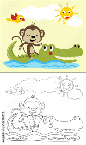 Coloring book or page with funny animals cartoon  monkey ride on crocodile in river at summer