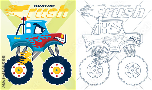 Coloring book or page of blue monster truck cartoon with red flame
