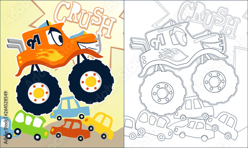 Coloring book or page with monster truck cartoon, crushing cars