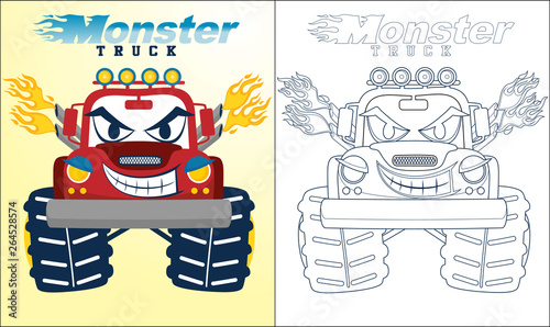 Coloring book or page of monster truck cartoon with creepy smile