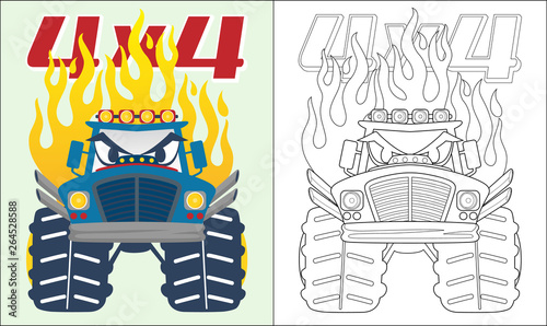 Coloring book or page of monster truck cartoon with flame