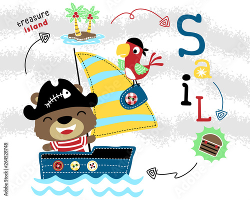 Funny bear sailors cartoon on travel to treasure island with sailboat