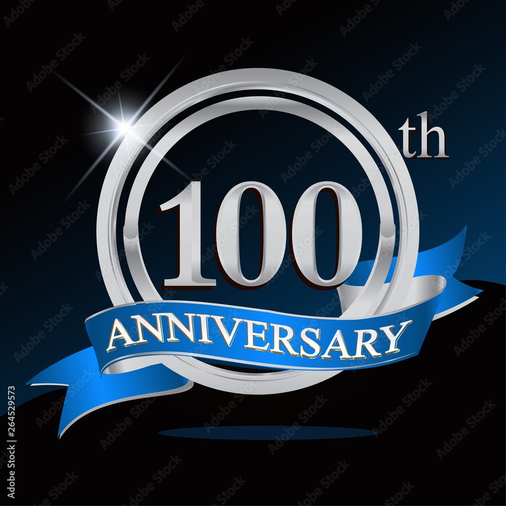 100th anniversary logo with blue ribbon and silver ring, vector template for birthday celebration. 100th anniversary logo with blue ribbon and silver ring, vector template for birthday celebration.