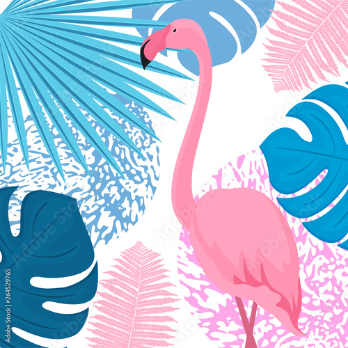 Pink flamingo4. Trendy tropical design. Leaves of palm, monstera, fern