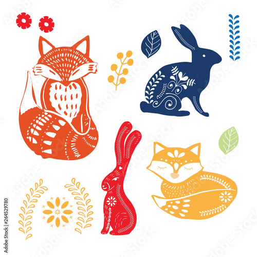 Scandinavian folk art pattern with birds and flowers 