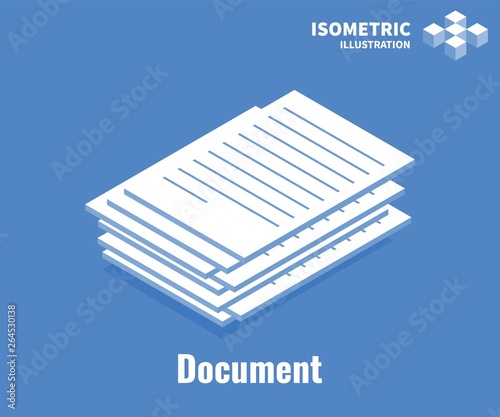 Document icon. Pile of documents, stack of business paper. Vector 3D illustration isolated on blue background.