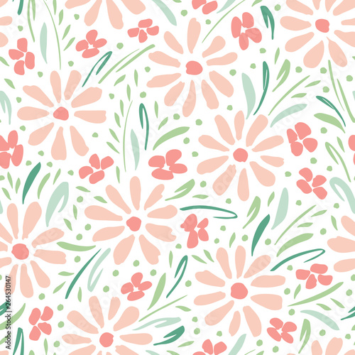 Pastel colored hand-painted daisies on white background vector seamless pattern. Delicate spring summer floral print