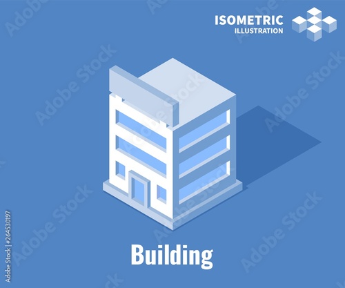 Building icon. Business office, Corporate building. Vector 3D illustration isolated on blue background.