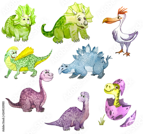 watercolor characters dinosaurs  cute blue dino  purple and green dinosaurs on a white background