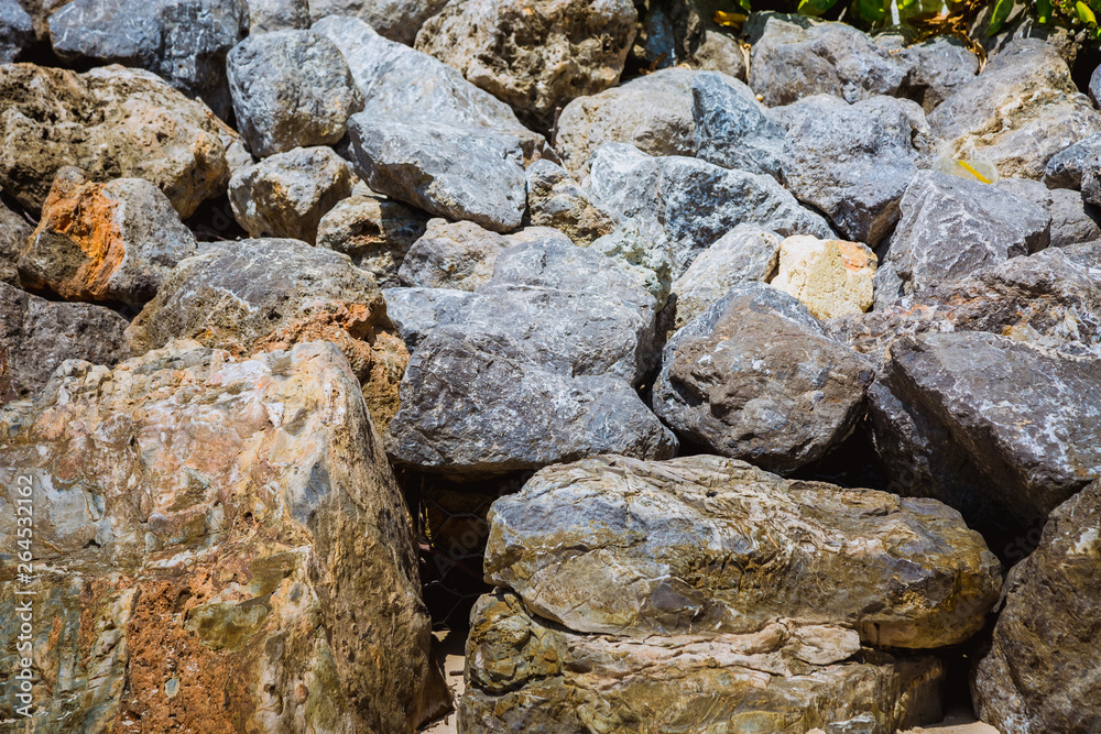 Texture. Gray Big rocks. Close up of stones on the beach