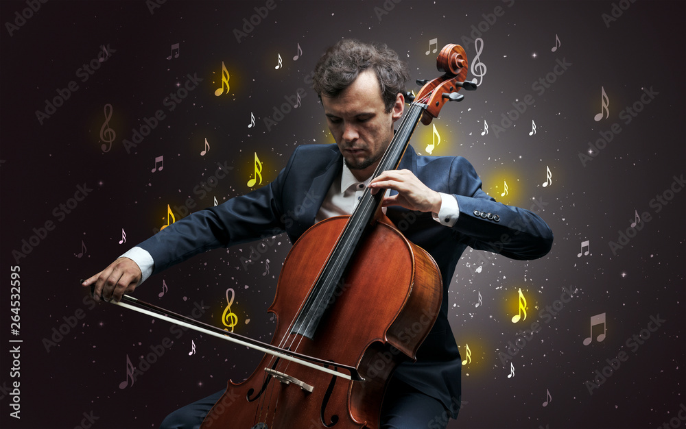 Fototapeta premium Young cellist with falling musical notes wallpaper and classical concept