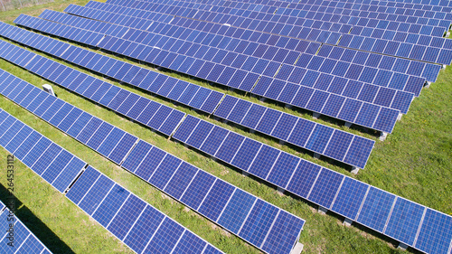 Green Energy Concept Solar Panel Power Farm Birdview Drone Capture