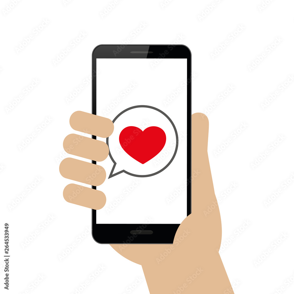 hand holds smartphone with love message on display isolated on white background vector illustration EPS10 hand holds smartphone with love message on display isolated on white background vector illustration EPS10