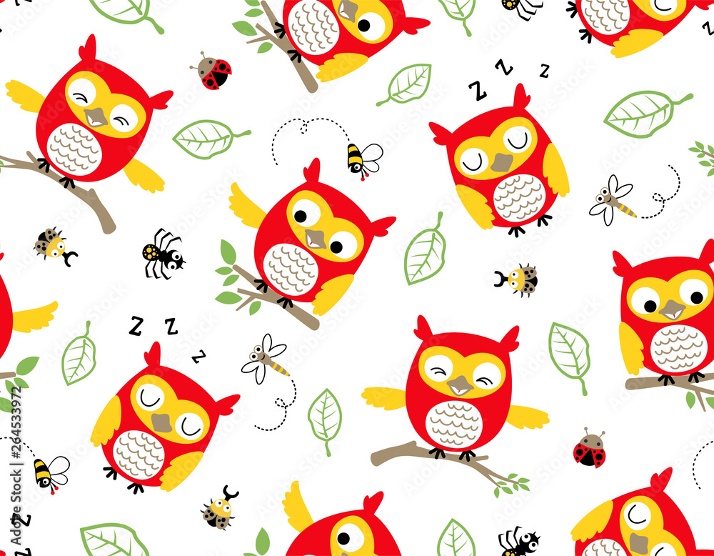 seamless pattern vector of owl cartoon with bugs