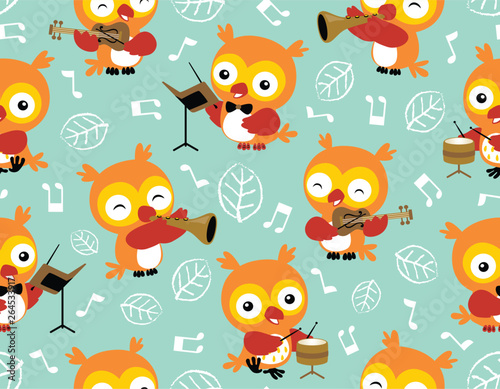 seamless pattern vector with owl cartoon playing music instruments