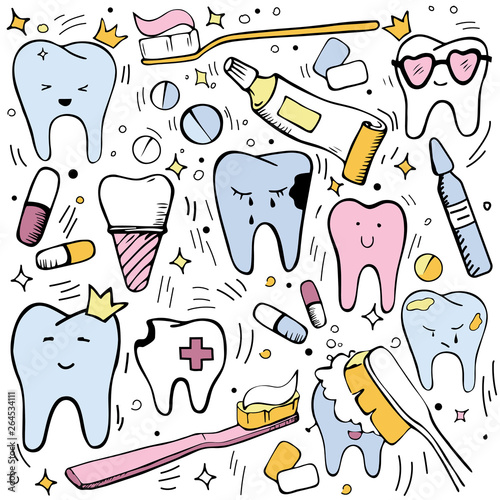 Dentistry Vector doodle set for Children dental care. Cute tooth characters set with different emotions. Pink, blue, yellow colors on white background. Toothbrush, toothpaste, tooth. Vector