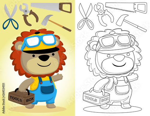 coloring book or page with lion cartoon the funny builder with its tools