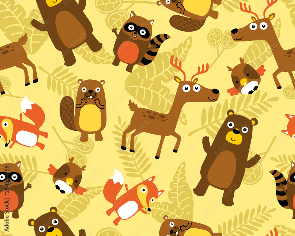Obraz premium seamless pattern vector with funny animals cartoon on leaves background