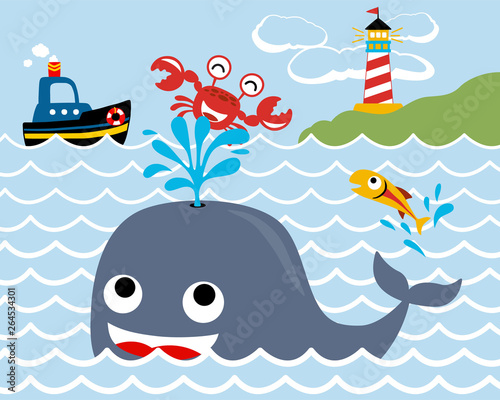Big whale cartoon with its friends, boat, lighthouse