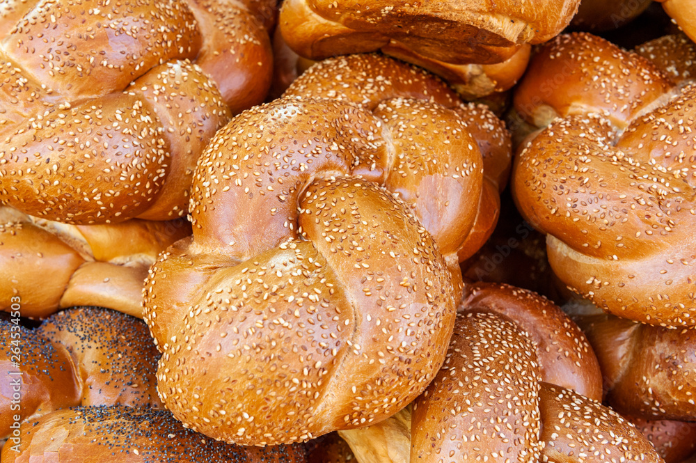 Challah bread sold in Shuk Hacarmel market, Tel Aviv, Israel Challah bread sold in Shuk Hacarmel market, Tel Aviv, Israel