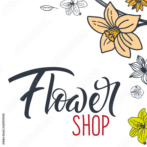 Sketches of flowers on a white background. Floral banner. Vector illustration.