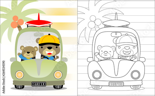 Bear brothers cartoon on car, coloring book or page