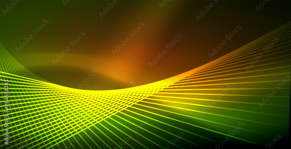 Neon glowing wave, magic energy and light motion background Neon glowing wave, magic energy and light motion background
