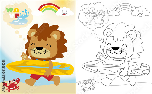 Vector cartoon of funny lion with a surboard, coloring book or page
