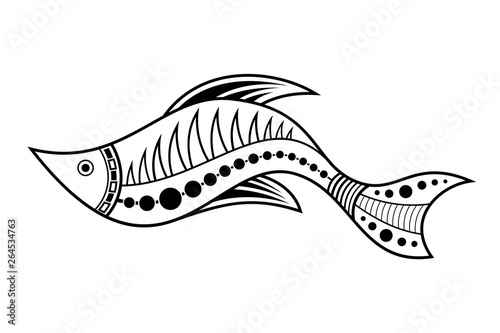 Fish. Aboriginal art style. Vector monochrome illustration isolated on white background.