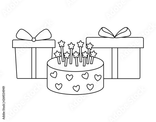 sweet cake with candles and gifts boxes