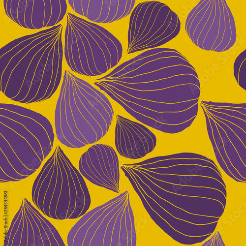 Seamless Vector Pattern with Fig in graphic stylization. Purple and mustard trendy colors. Cute vector background. Bright fresh fruit illustration.