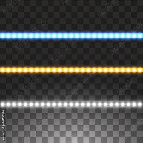 Shining led vector stripes, neon illumination on transparent background, set of yellow, white, blue glowing decorative tapes of diode ecological lamps light effect for banners, web-sites