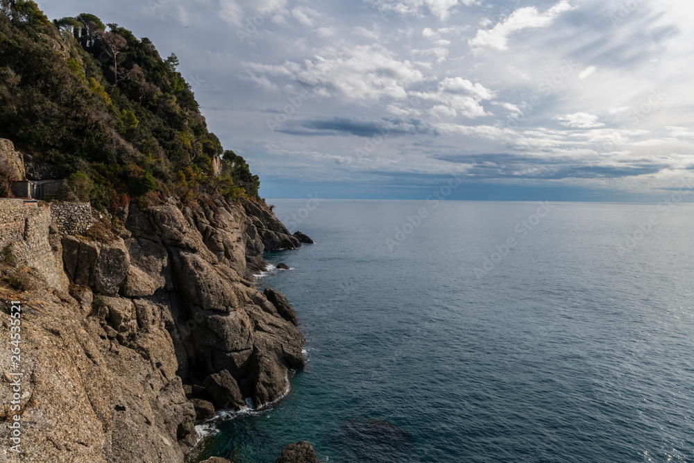 Sea and rocks near the colorful coastal city Portofino in Liguria region, Italy