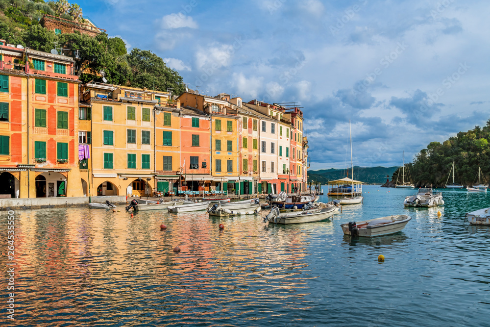 Cityscape and bay of Portofino in the region Liguria in Italy