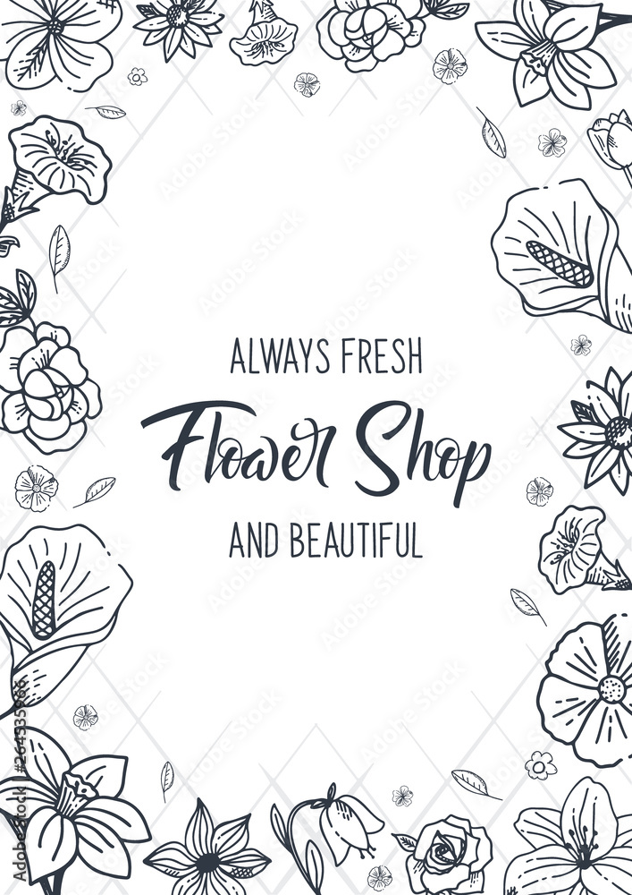 Sketches of flowers on a white background. Floral banner. Vector illustration.