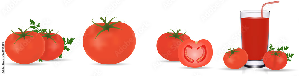 Tomato collection, tomato juice. Photo realistic fresh red ripe tomatoes with green leaves isolated on white background. 3d vector gradient mesh illustration. Vegetarian food. Vegetable theme design Tomato collection, tomato juice. Photo realistic fresh red ripe tomatoes with green leaves isolated on white background. 3d vector gradient mesh illustration. Vegetarian food. Vegetable theme design