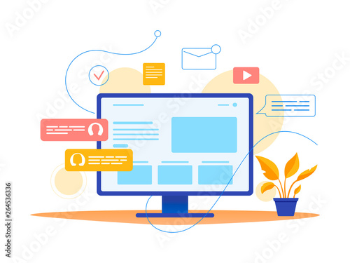 Social networks, communication systems, modern technologies. Laptop and infographic. Flat vector concept illustration for website, banner, flyer. Isolated on white.