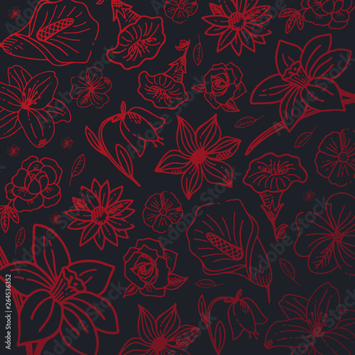 Sketches of flowers on a dark background. Floral banner. Vector illustration.