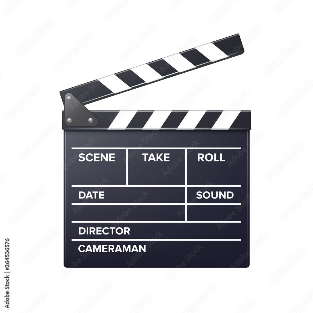 Vector realistic movie clapper slapstick front view close up isolated on background