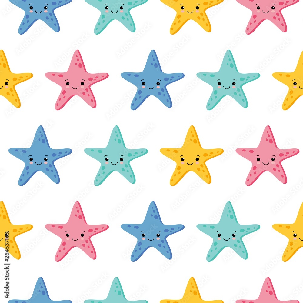 Cute kids starfish seamless pattern for girls and boys. Colorful starfish background. Kawaii style