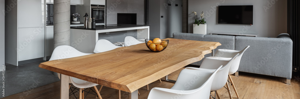 Home interior with dining table - obrazy, fototapety, plakaty 