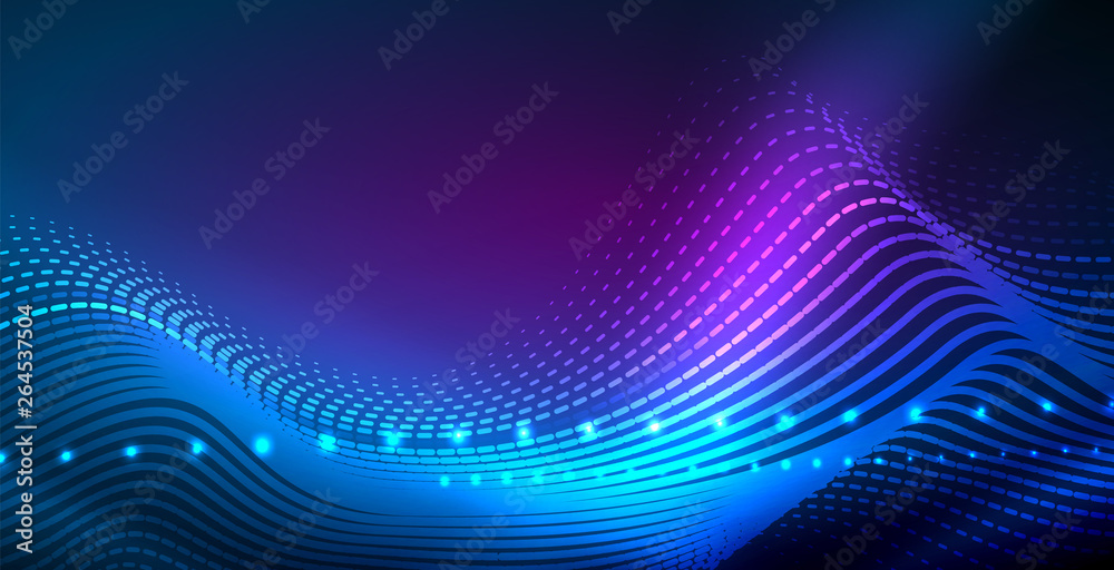 Glowing abstract wave on dark, shiny motion, magic space light. Vector techno abstract background Glowing abstract wave on dark, shiny motion, magic space light. Vector techno abstract background