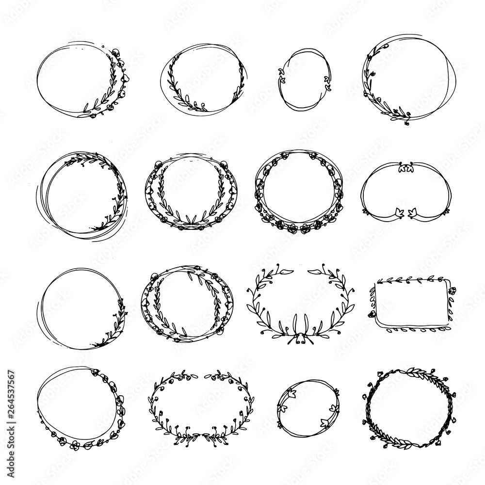 Hand drawn doodle floral frames set. black and white vector illustration Hand drawn doodle floral frames set. black and white vector illustration