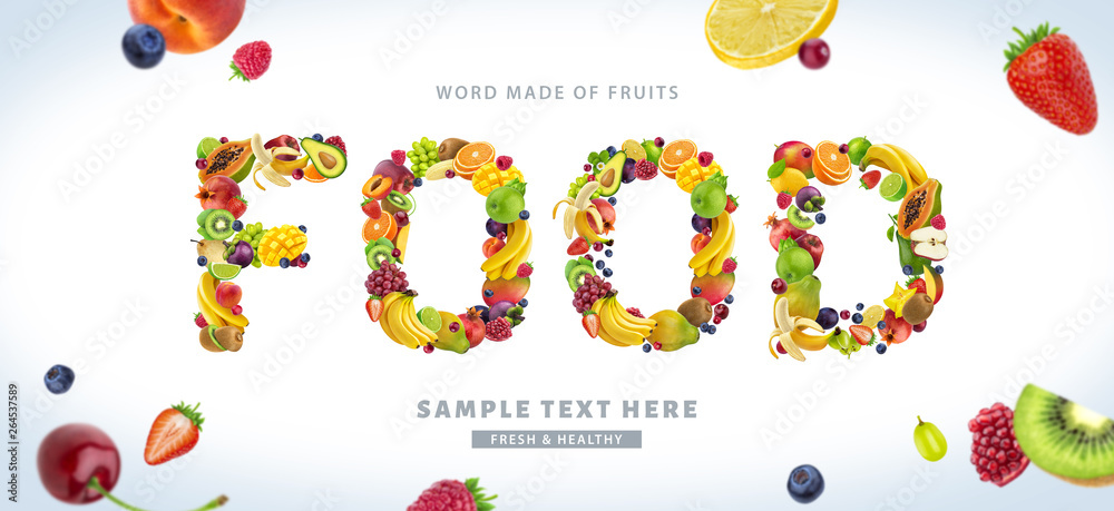 Word FOOD made of different fruits and berries