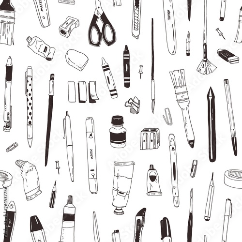Monochrome seamless pattern with stationery, drawing items, creativity products or office supplies hand drawn with black contour lines on white background. Elegant realistic vector illustration.