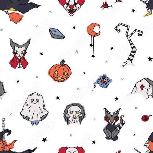 Halloween seamless pattern with creepy and spooky characters hand drawn on wh...