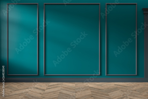 Fototapeta Naklejka Na Ścianę i Meble -  Modern classic green empty interior with wall panels and wooden floor. 3d render illustration mock up.