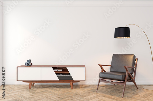 Mid century modern interior empty room with white wall, dresser, console, lounge chair, armchair, floor lamp, wood floor. 3d render illustration mockup.