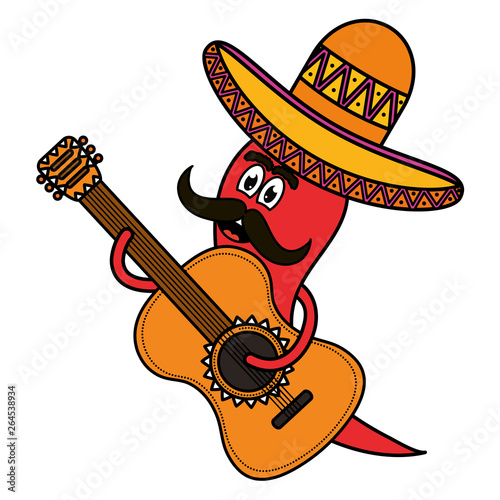 chilli pepper with mexican hat and guitar character